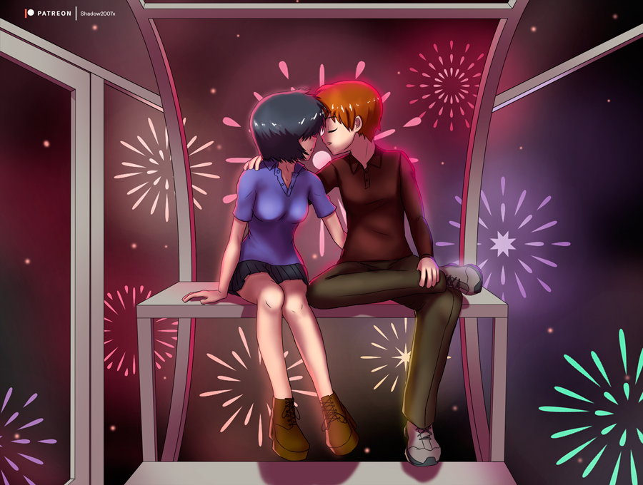 1boy 1girl anime blue_hair brown_hair commission digital_media_(artwork) fanboy ferris_wheel fireworks fuyu girlfriend human kissing male mikoto_urabe mysterious_girlfriend_x nazo_no_kanojo_x oc original_character patreon photoshop saliva shadow2007x short_hair urabe_mikoto valentines