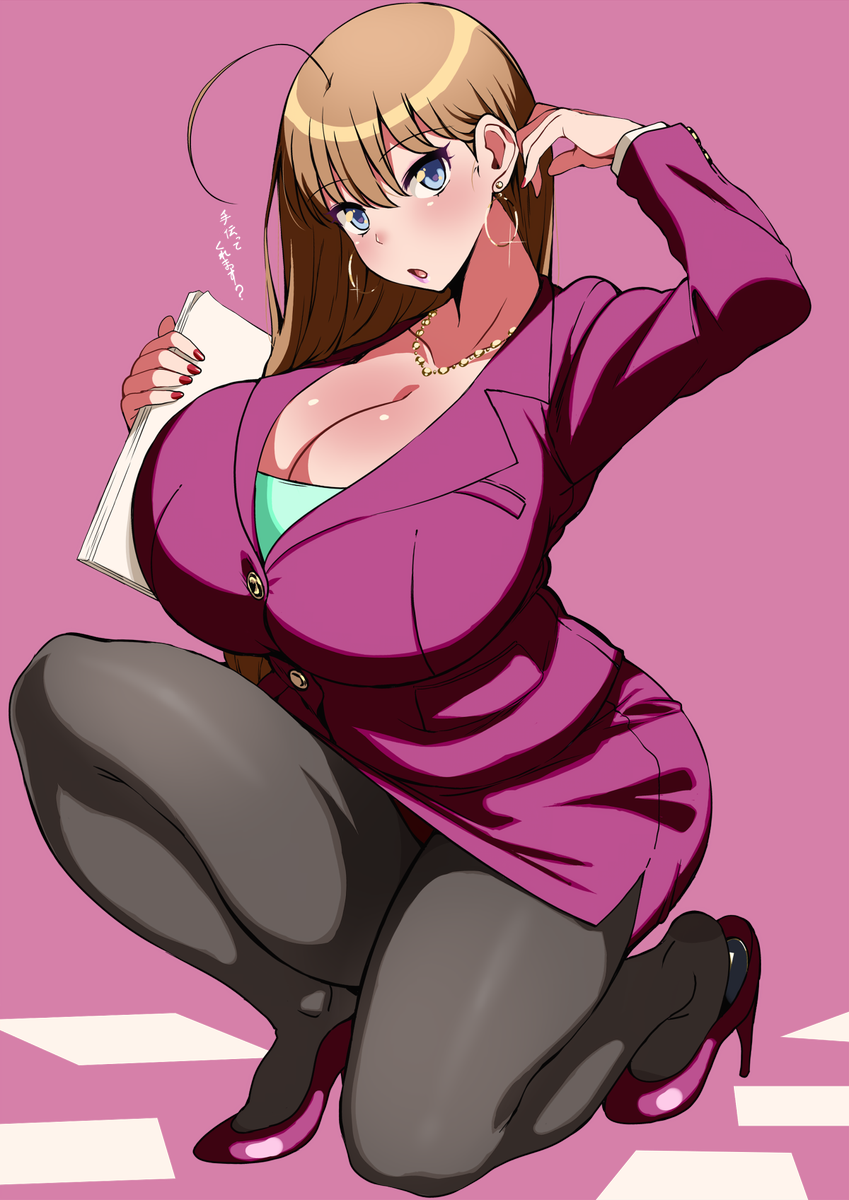 1girl anime blue_eyes brown_hair huge_breasts original school_work teacher