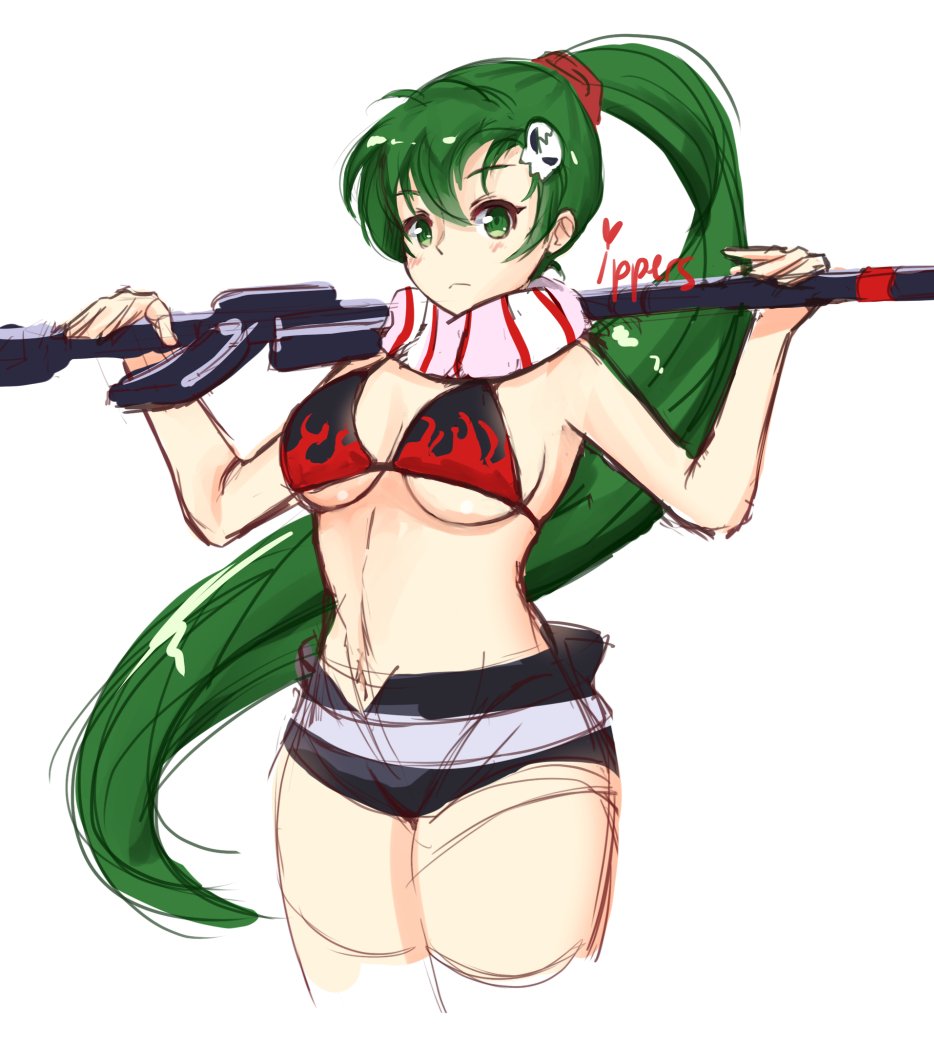 anime artist_request bra breasts cosplay crossover fire_emblem green_eyes green_hair gun lyn lyndis_(fire_emblem) nintendo short_shorts tengen_toppa_gurren-lagann weapon yoko_littner yoko_littner_(cosplay)