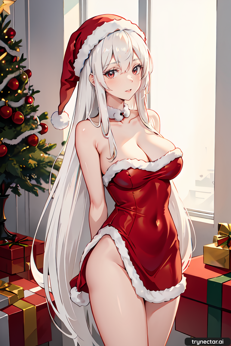 1girl ai_generated anime christmas christmas_outfit christmas_tree echidna_(re:zero) female_only re:zero_kara_hajimeru_isekai_seikatsu santa_costume santa_hat solo_female