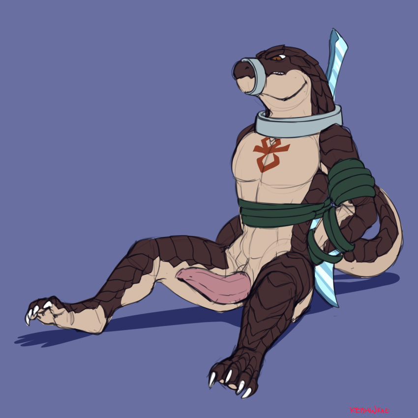 1boy 2018 2d 2d_(artwork) abs animal_genitalia anime anthro anthro_only arms_tied artist_name ass bara blue_background bondage bondage_gear bound brown_body brown_scales brown_skin claws collar digital_media_(artwork) erection genital_slit genitals keishinkae lizard lizard_boy lizardman lizardman_(overlord) looking_at_viewer looking_up male male_anthro male_only markings melee_weapon muzzle_(object) nude open_mouth overlord_(maruyama) pecs penis reptile scales scalie scalie_male scalie_only simple_background sitting slit smaller_version_at_source solo_anthro solo_male spread_legs spreading sword tail tapering_penis tattoo third-party_source toe_claws tribal_tattoo vein weapon zaryusu_shasha