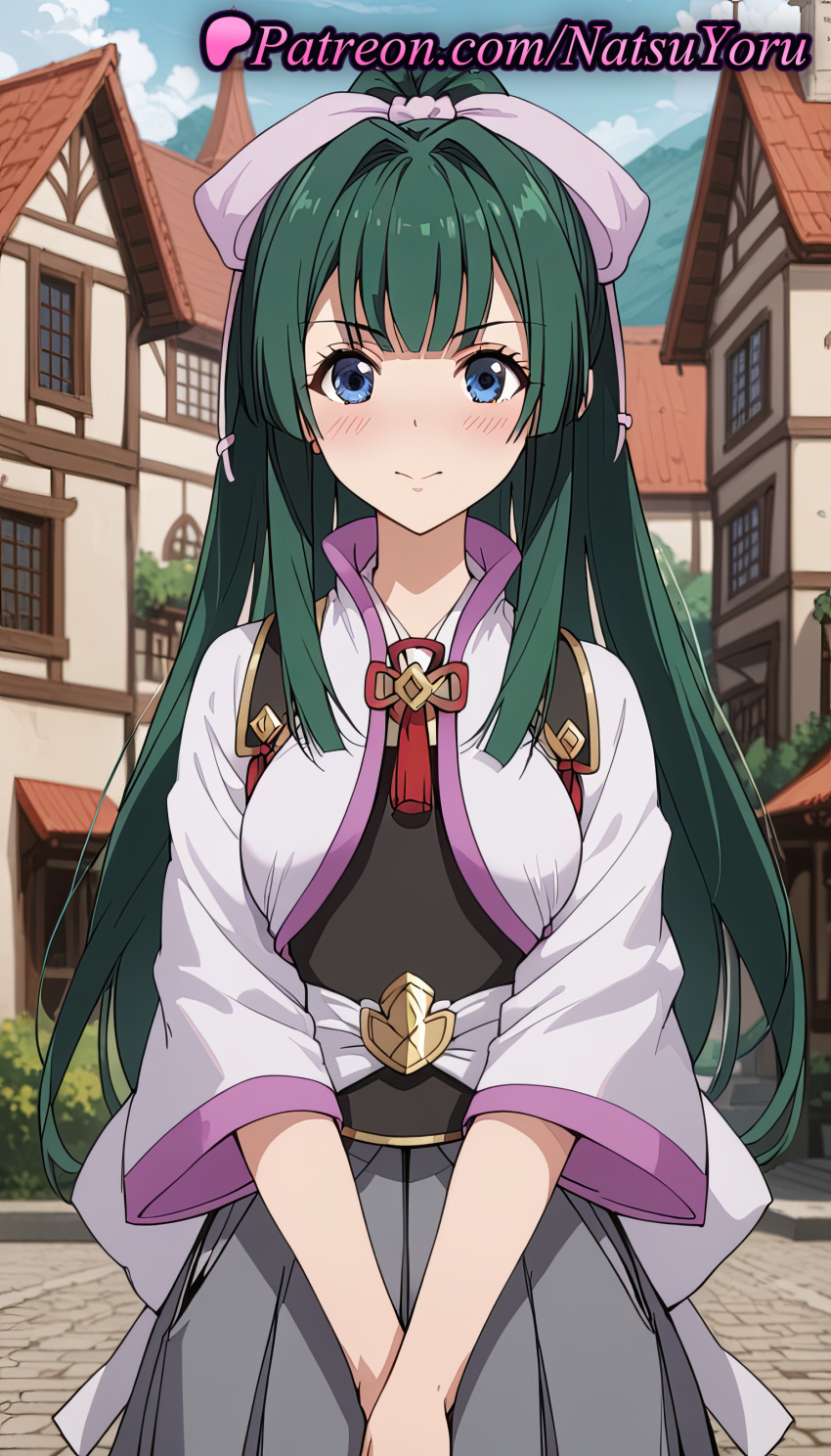 1girl 2025 ai_generated anime anime_style architecture armor back_bow bangs belt big_breasts black_hakama blue_eyes blue_sky blunt_bangs blush bow breastplate breasts building bust closed_mouth cloud cowboy_shot day female_focus female_only female_solo flower_knot green_hair grey_skirt hair_bow hair_intakes hakama hakama_skirt hentai high_ponytail high_quality high_res high_resolution hip_vent house jacket japanese_clothes kimono large_bow long_hair long_sleeves looking_at_viewer muneate natsuyoru outside own_hands_together patreon pink_bow pleated_skirt ponytail ribbon sidelocks skirt sky smile solo_female stable_diffusion standing straight-on tassel tate_no_yuusha_no_nariagari the_rising_of_the_shield_hero town v-shaped_eyebrows v_arms very_long_hair voluptuous voluptuous_female white_bow white_kimono wide_sleeves window yomogi_emarl