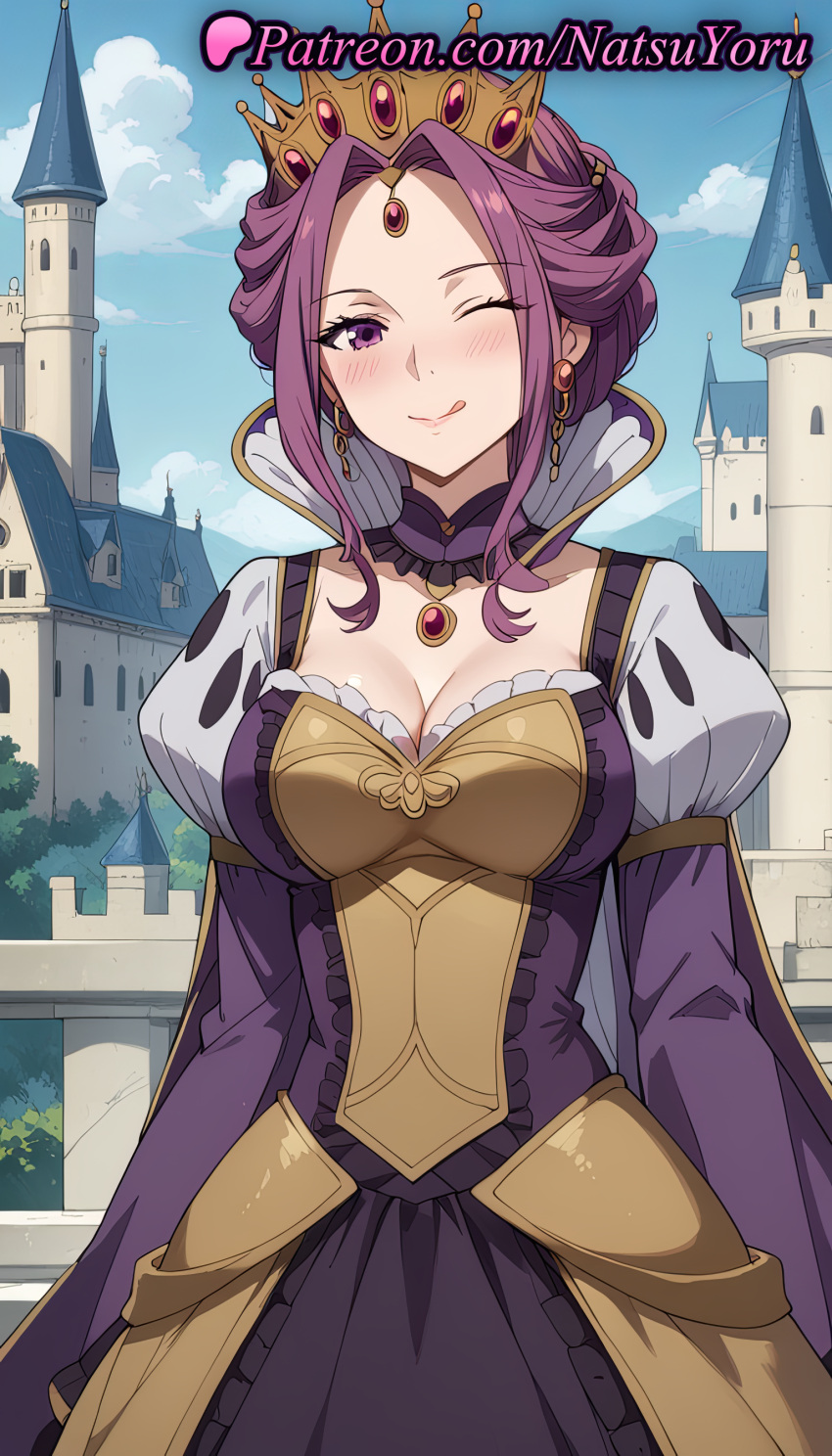 1girl 2025 ai_generated anime anime_style armor big_breasts blue_sky blush breasts bust castle choker cleavage closed_mouth cloud corset crown day dress earring earrings female_focus female_only female_solo frills gem hair_bun hentai high_quality high_res high_resolution jewelry juliet_sleeves long_sleeves looking_at_viewer mature_female mirelia_q_melromarc natsuyoru one_eye_closed outside parted_bangs patreon puffy_sleeves purple_dress purple_eyes purple_hair sky smile solo_female stable_diffusion tate_no_yuusha_no_nariagari the_rising_of_the_shield_hero tiara tongue tongue_out voluptuous voluptuous_female