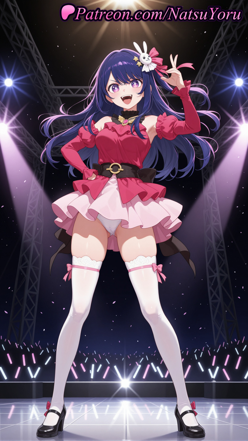 1girl ai_generated anime anime_style ass_visible_through_thighs audience bangs bare_shoulders belt big_breasts black_belt black_footwear blue_hair blush bow breasts bust cameltoe choker clothing concert detached_sleeves dress female_focus frills full_body glowstick hair_ornament hair_ribbon hair_ribbons hand_on_hip hand_on_own_hip hentai high_heels high_quality high_res high_resolution hoshino_ai idol idol_clothes long_hair long_sleeves looking_at_viewer mary_janes miniskirt natsuyoru one_side_up open_mouth oshi_no_ko panties pantyshot patreon pink_bow pink_dress pink_ribbon pink_skirt puffy_sleeves purple_eyes purple_hair rabbit_hair_ornament ribbon shoes skindentation skirt sleeveless smile spotlight stage stage_lights standing star-shaped_pupils star_(symbol) star_hair_ornament star_in_eye stockings symbol-shaped_pupils symbol_in_eye teeth thighs underwear upper_teeth_only v v-shaped_eyebrows voluptuous voluptuous_female white_legwear white_panties white_thighhighs