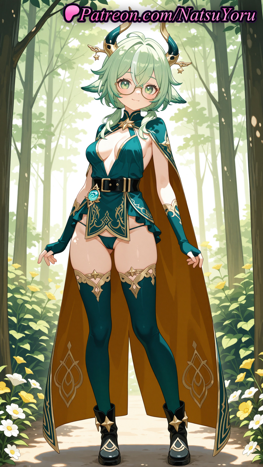 2025 ai_generated alternate_costume animal_ears anime anime_style ass_visible_through_thighs bangs belt big_breasts black_belt black_footwear boots breasts bust cameltoe cape cleavage closed_mouth crossed_bangs dress female_focus fingerless_gloves flower forest full_body genshin_impact glasses gloves gold_trim green_cape green_dress green_eyes green_hair green_panties green_thighhighs hair_between_eyes hair_flaps hentai high_heels high_quality high_res high_resolution horns looking_at_viewer medium_breasts medium_hair multicolored_hair natsuyoru nature outside panties patreon round_eyewear semi-rimless_eyewear short_dress sleeveless smile stable_diffusion standing stockings streaked_hair string_panties sucrose_(genshin_impact) thighs tree underwear vision_(genshin_impact) voluptuous voluptuous_female