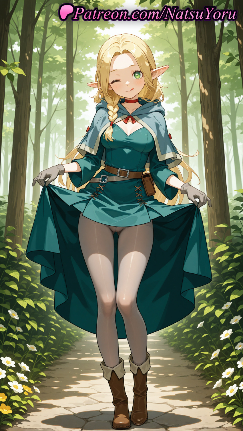 2025 ai_generated anime anime_style ass_visible_through_thighs belt belt_pouch big_breasts blonde_hair blue_capelet blue_dress blush boots braid breasts brown_belt brown_footwear brown_gloves bust cameltoe capelet choker cleavage closed_mouth clothes_lift day delicious_in_dungeon dress dress_lift dungeon_meshi elf elf_ears female_focus flower forest full_body gloves green_dress green_eyes grey_gloves grey_pantyhose hentai high_quality high_res high_resolution hood hood_down hooded_capelet lifted_by_self long_hair long_sleeves looking_at_viewer marcille_donato medium_breasts natsuyoru nature one_eye_closed outside panties panties_under_pantyhose pantyhose parted_bangs patreon pointed_ears pointy_ears pouch red_choker red_ribbon ribbon side_braid skirt skirt_hold skirt_lift smile stable_diffusion standing thigh_gap tongue tongue_out tree twin_braids underwear voluptuous voluptuous_female white_flower