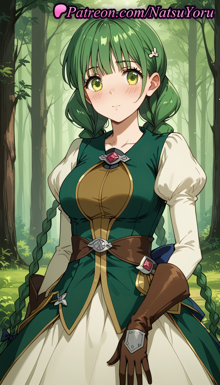 2025 ai_generated anime anime_style bangs belt big_breasts blunt_bangs blush bow braid breasts brown_gloves bust closed_mouth collarbone corset day dress female_focus female_solo forest gem gloves green_dress green_eyes green_hair hair_bow hair_flower hair_ornament hentai high_quality high_res high_resolution juliet_sleeves long_hair long_sleeves looking_at_viewer low_twin_braids medium_breasts natsuyoru nature non-asian outside patreon puffy_sleeves rishia_ivyred stable_diffusion standing tate_no_yuusha_no_nariagari the_rising_of_the_shield_hero tree twin_braids very_long_hair voluptuous voluptuous_female white_dress yellow_eyes
