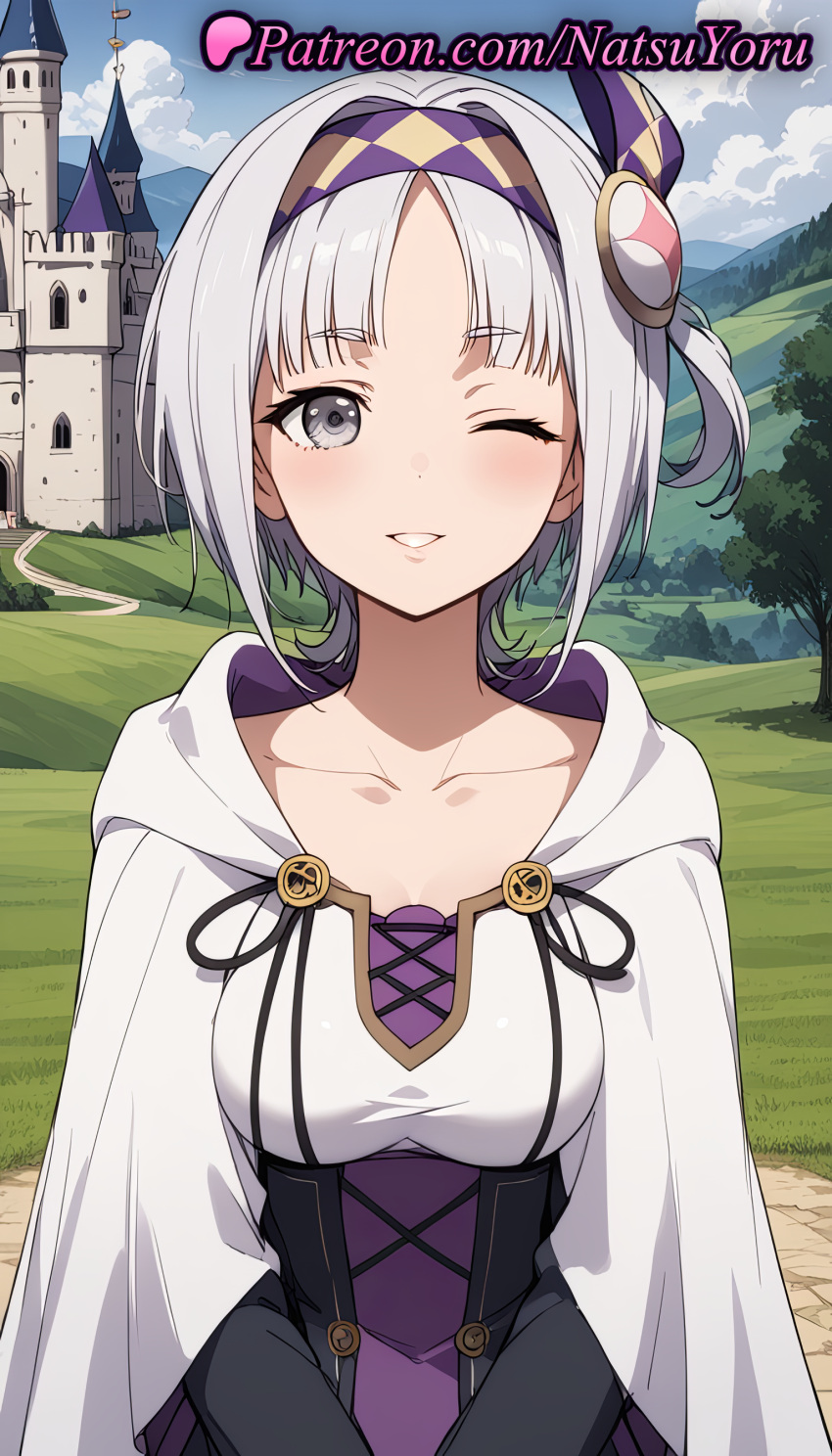 2025 ai_generated anime anime_style bangs big_breasts blue_sky blush breasts bust cape castle cleavage cloak cloud collarbone corset day dress female_focus grass grey_eyes grey_hair hair_ornament hairband hentai high_quality high_res high_resolution hood hood_down hooded_cloak looking_at_viewer medium_breasts multi-colored_hair multicolored_hair natsuyoru non-asian one_eye_closed one_side_up outside parted_bangs parted_lips patreon purple_hair purple_hairband s'yne_lokk short_hair side_ponytail silver_hair sky smile stable_diffusion syne_lokk tate_no_yuusha_no_nariagari the_rising_of_the_shield_hero tree upper_body voluptuous voluptuous_female white_cloak white_hair