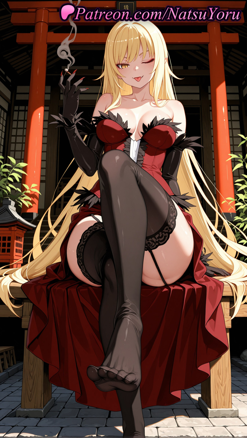 1girl 1girl 1girls 2025 ai ai_assisted ai_generated anime anime_style architecture asian bakemonogatari bangs bare_shoulders big_breasts big_breasts black_gloves black_legwear black_thighhighs blonde_hair blush breasts breasts_apart bust cigarette cleavage collarbone crossed_legs dress east_asian_architecture elbow_gloves feet female_focus female_only foot_fetish foot_out_of_frame full_body fur_trim garter_belt garter_straps gloves hand_up hentai high_quality high_res high_res high_resolution holding holding_cigarette indoors kiss-shot_acerola-orion_heart-under-blade knee_up lace-trimmed_legwear leg_lift legs long_hair long_nails looking_at_viewer makeup monogatari_(series) multiple_torii natsuyoru no_shoes non-asian one_eye_closed open_mouth outside patreon plant pointy_ears red_dress red_nails sitting slit_pupils smile smoke smoking solo_female stable_diffusion stockings stockings strapless strapless_dress thighs toes tongue tongue_out torii vampire very_long_hair voluptuous voluptuous_female yellow_eyes