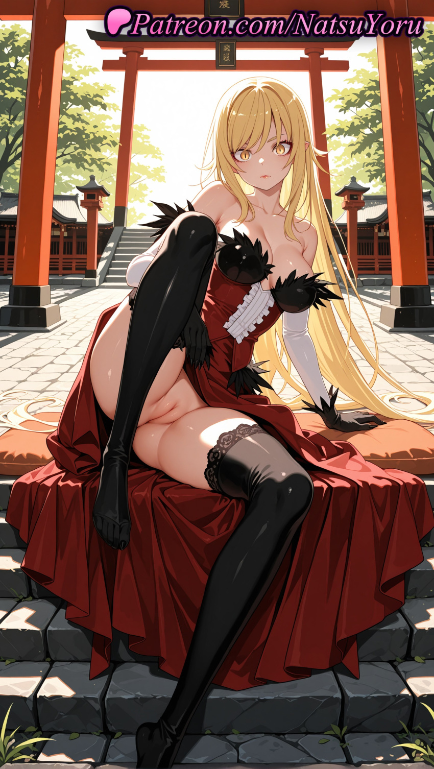 1girl 1girl 1girls 2025 ai ai_assisted ai_generated anime anime_style arm_support bakemonogatari bangs bare_shoulders big_breasts big_breasts black_gloves black_legwear black_thighhighs blonde_hair blush breasts bust cleavage closed_mouth clothes_lift collarbone dress dress_lift elbow_gloves feet female_focus female_only foot_fetish full_body fur_trim gloves hentai high_quality high_res high_res high_resolution kiss-shot_acerola-orion_heart-under-blade knee_up legs long_hair looking_at_viewer monogatari_(series) multiple_torii natsuyoru no_panties no_shoes non-asian nopan outside paipan patreon pointy_ears pussy pussy red_dress sitting slit_pupils solo_female stable_diffusion stairs stockings stockings stone_lantern strapless strapless_dress thighs toes torii tree uncensored vampire very_long_hair voluptuous voluptuous_female white_gloves yellow_eyes