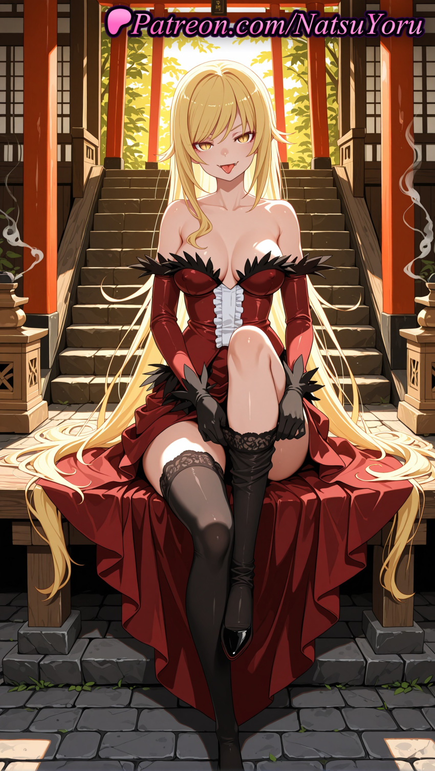 1girl 1girl 1girls 2025 adjusting_legwear ai ai_assisted ai_generated anime anime_style architecture bakemonogatari bangs bare_shoulders big_breasts big_breasts black_footwear black_gloves black_legwear black_thighhighs blonde_hair breasts bust cleavage collarbone detached_sleeves dress east_asian_architecture elbow_gloves fang fangs female_focus female_only full_body fur_trim gloves hentai high_heels high_quality high_res high_res high_resolution kiss-shot_acerola-orion_heart-under-blade knee_up long_hair looking_at_viewer medium_breasts monogatari_(series) natsuyoru non-asian open_mouth patreon red_dress shrine sitting sitting_on_stairs slit_pupils smile smoke solo_female stable_diffusion stairs stockings stockings strapless strapless_dress swept_bangs thighhighs_pull thighs tongue tongue_out torii vampire very_long_hair voluptuous voluptuous_female yellow_eyes